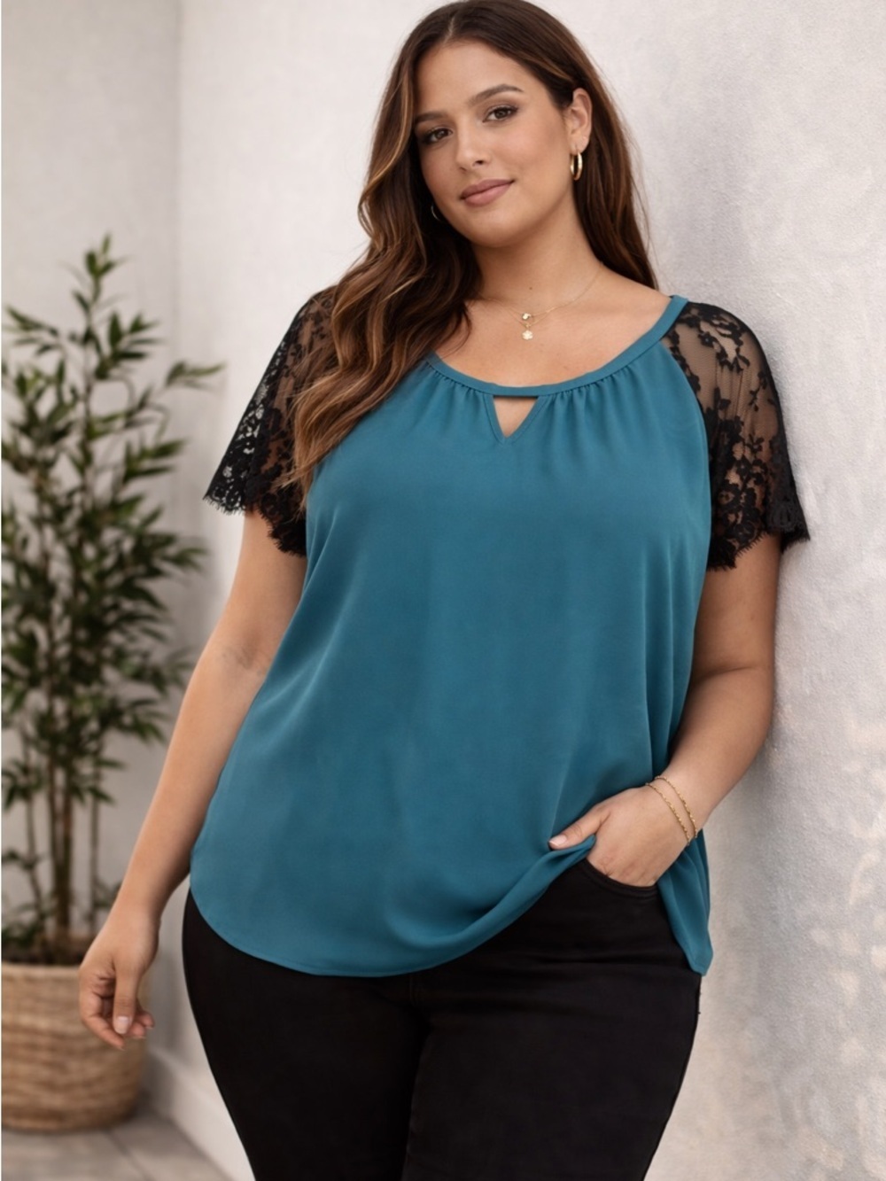 Torrid Turquoise Lace Sleeve Blouse 0X Teal Blue Georgette Top Flowy Feminine